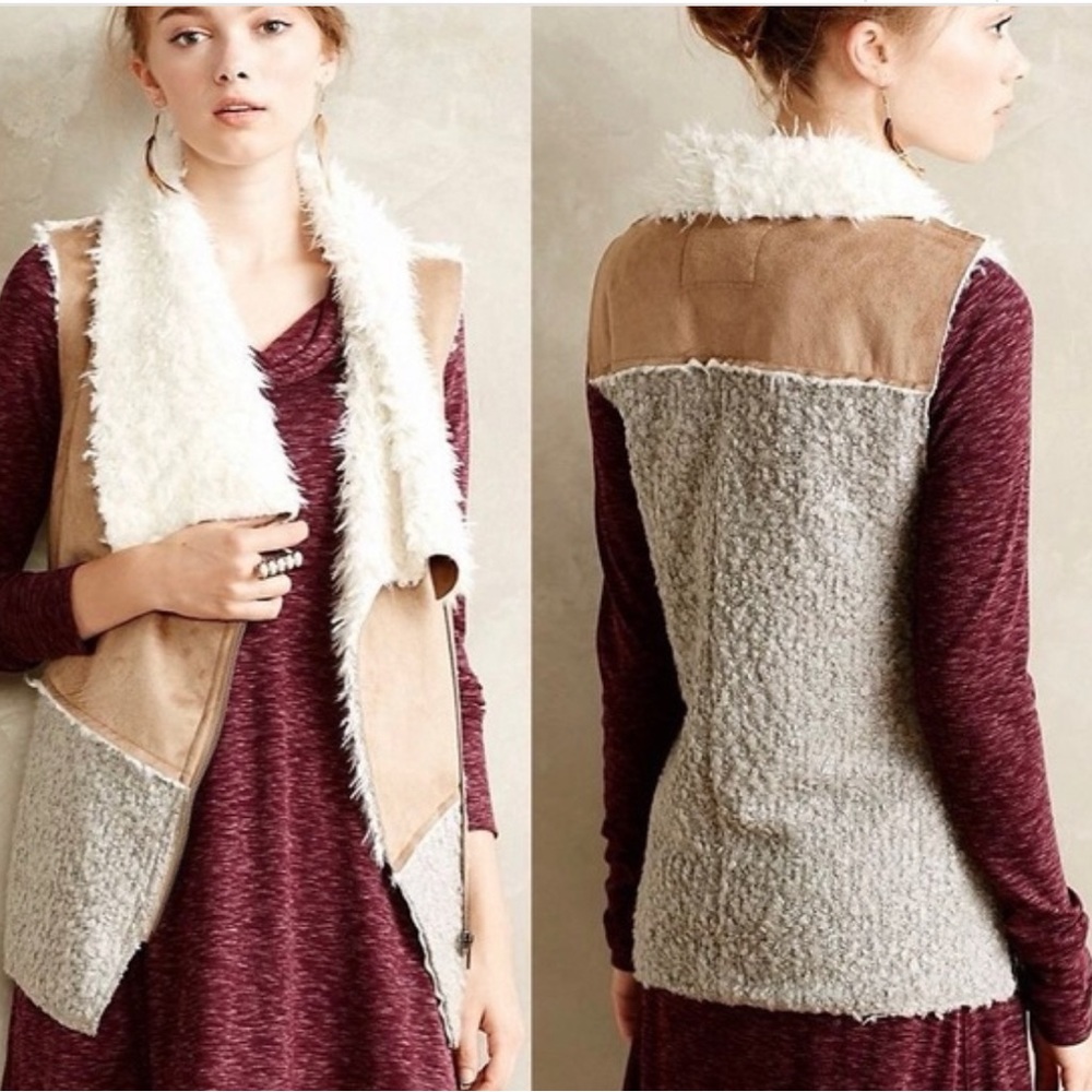Anthropologie Faux Shearling Trim Vest in Tan, Cream, Gray